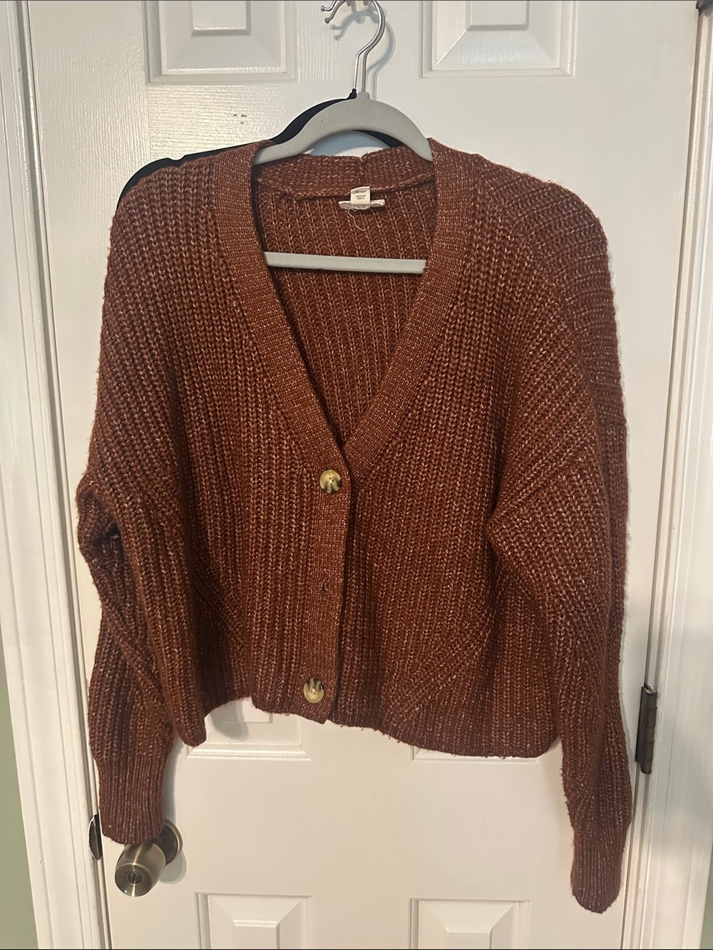 a.n.a Rust Brown Ribbed V-Neck Button Cardigan